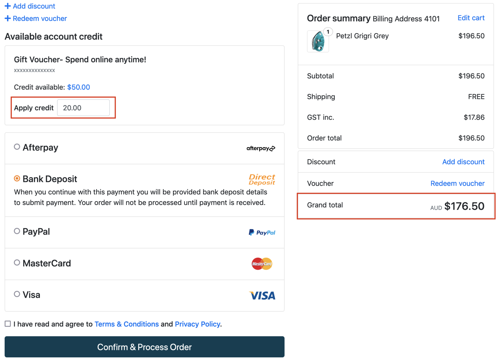 Screenshot of checkout page with voucher value input