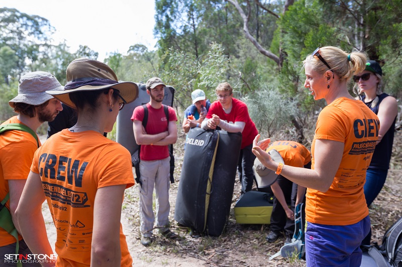 Tiffany leading a clinic at the 2017 Passchendaele V2 Bouldering Festival. Photo by Set in Stone Photography.